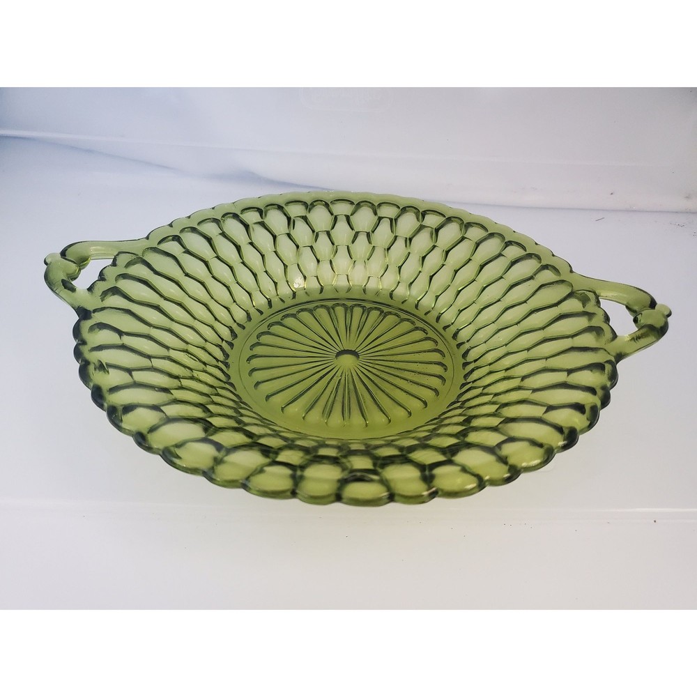 Vintage  Green honeycomb Indiana glass two handled relish dish